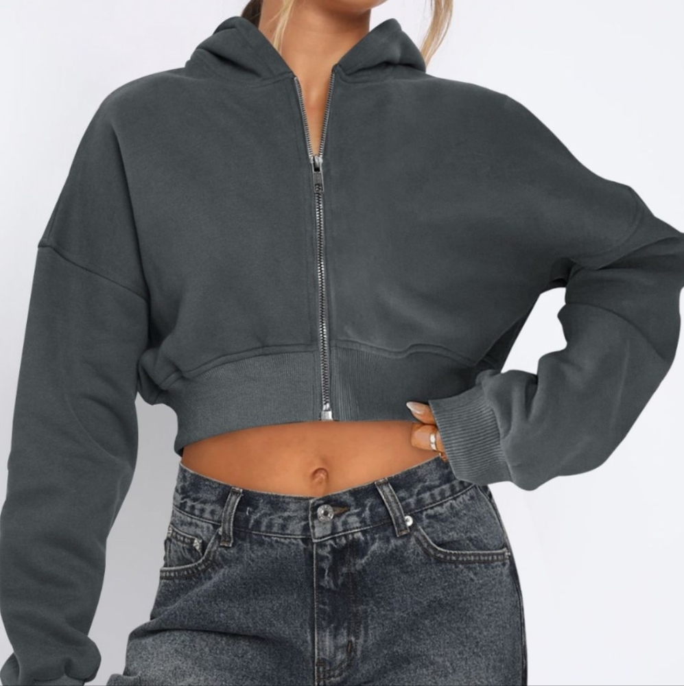 Grey Cropped Hooded Zip-Up Jacket